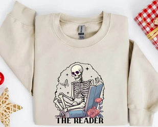 The Reader  Skeleton Sweatshirt, Bookish Witchy Clothing, Skeleton Librarian Mystical Literature , Cute Reading Hoodies